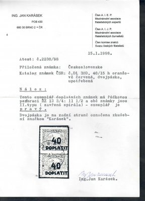 DL 30 D, typ II, dvoupáska 40/15 cihlově červená, krásné razítko KLIMKOVICE, zk. Mr, Vr, atest Ka