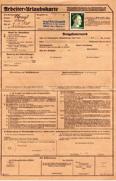 Pracovní - dovolenková karta formátu A 4, přeložená se známkou A.H. 30 Pfg, znehodnocena datumovkou 15.Dez.1943, na zadní straně vylepeny pracovní dovolenkové známky po jednotlivých tádnech, opatřeny rázítkem s datumem čerpání.  Od 15.12.1943 až do 29.3 1944. Velmi hezký doklad, pracovních dovolených, vyvoláváme za velmi příznivou cenu
