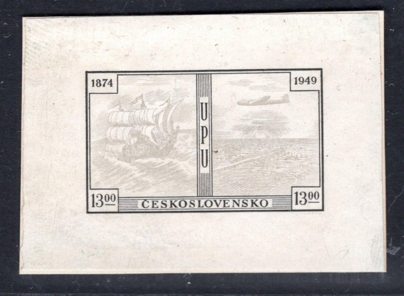 510, 75. výročí UPU, hodnota 13Kčs, zkusmý tisk v černé barvě na kartónu