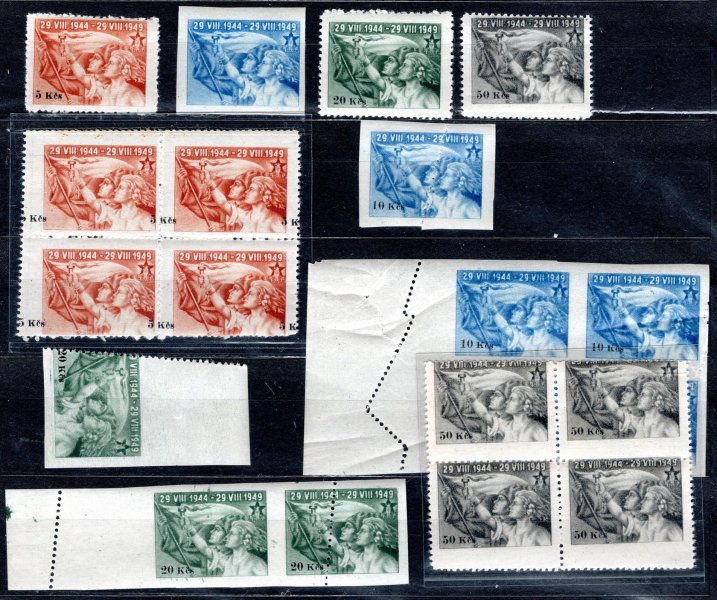 1949 sestava nevydaných známek k 5. výročí SNP, s různými vadami, bez vytištěné hodnoty, s posunem nominální hodnoty, s posunutým a vynechaným zoubkováním, bloky, pásky, jednotlivé kusy, velmi zajímavé