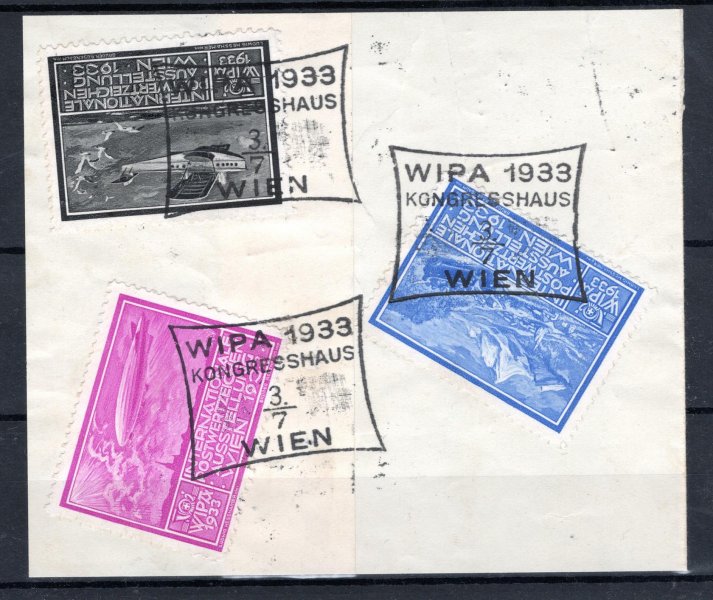 WIPA 1933  výstřižek s příležitostnými nálepkami a razítky