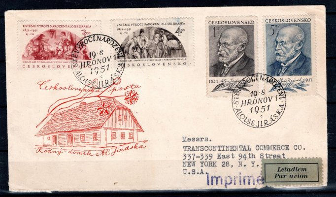 FDC  608/11 Jirásek, zaslaná do USA