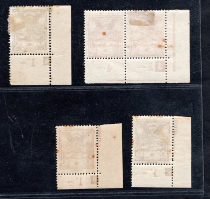 146 a 148, setava rohových známek s DČ, u hodnoty 20 h na spodním okraji otisk lišty, nahnědlé skvrnky, kvp