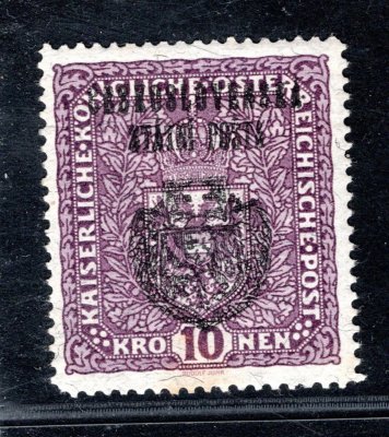 RV 40 a,   Formát široký 26 x 29 mm - II. Pražský přetisk, 10 K fialová, žilkovaný papír, zk.Le, hnědá skvrnka