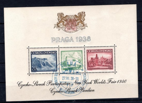 1940  New York, zlatý přítisk, černý text na aršíku Praga 1938,AS9e