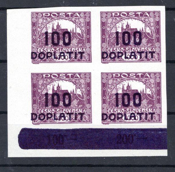 DL 27  levý dolní rohový 4 blok 100/1000 fialová + částečný obtisk 