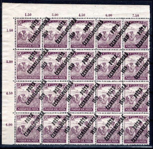 106, ženci, 15 h fialová,  rohový 20 ti blok s počítadly, spojené typy a posun přetisku, dekorativní