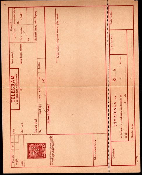 CTÚ 3 Aa, Telegram s posečkaným vyúčtováním, ŘZ 11 1/2, přeložený, lehce natržený, zajímavá nabídka, kat. 6300,-