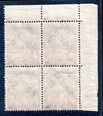 102, ženci, 3 f fialová, levý horní rohový 4 blok s počítadly, posun přetisku, spojené typy přetisku, zk. Stu, dekorativní
