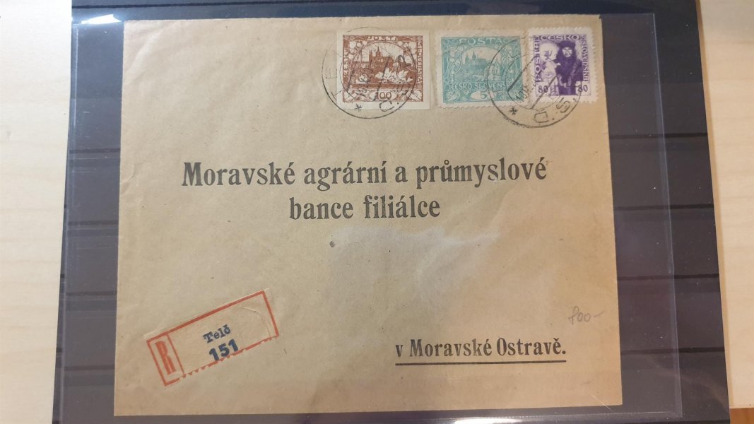 R dopis se smíšenou frankaturou 5 + 100 h Hradčany a 80 h Husita, z Telče 18/9/20 do Moravské Třebové, stopy poštovního provozu, známka 5 h přeložena před nalepením, hezká celistvost