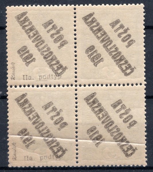 34 Ob ; 4 - blok spojené typy podtypu - 34 STB ( 2 x podtyp 34IIa ú  - navíc plný obtisk u všech známek - lom na dolních dvou známkách - zk. Karásek 