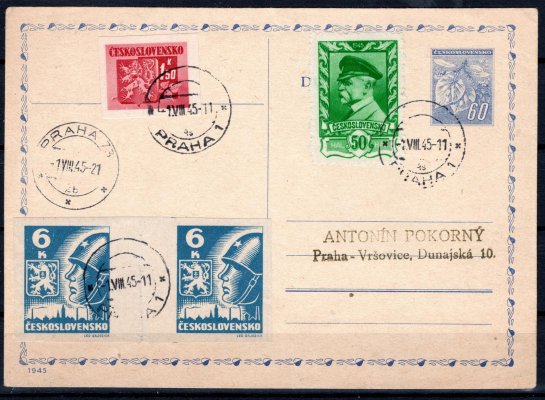 CDV 76, dofrankovaná pestrou frankaturou, mj  Mv 356 - Košice vodorovné dvouznámkové meziarší 6 k modrá,  z Praha 1/VIII/45 adresovaná do Prahy - Vršovic