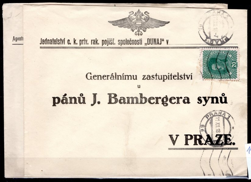 Dva kusy obálek pojištovny " Dunaj " vyplacené známkou 20 h Karel