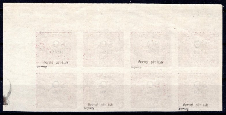 SO 22a, přetisk černý,  pravý horní rohový 8 mi blok, 500 h hnědá,  přetisková deska A I 2 cop, ZP 7-20/I. TD, zk. Ka
