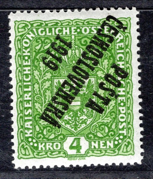 50 I PP úzká ; 4 koruna s převráceným přetiskem - typ II ; zk. Gilbert 