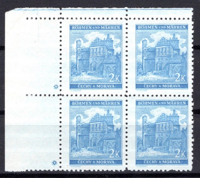 59 ; levý horní rohový 4 - blok s DZ + - křížek  v jasně modré barvě - velmi hledaný odstín ; kat. 2000 Kč 