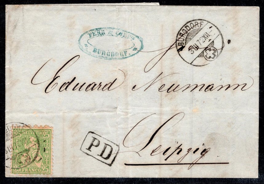 Švýcarsko - skládaný dopis se zn. č. 32 do Lipska, podací razítko Burgdorf 3/III/72