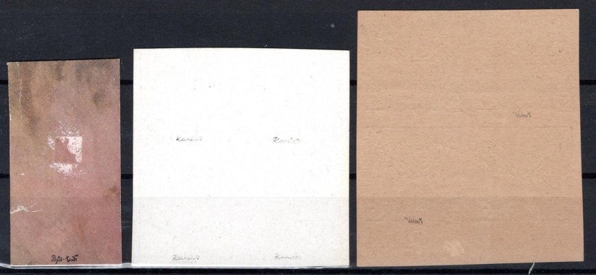 NV 2 ZT ; krajový kus s neopracovanou horní lištou na kartonovém hnědém papíře - zk. Beneš + NV 3 černotisk na křídovém papíru - zk. Karásek + NV 4 ;  4 - blok černotisk s počítadly - zk. Vrba 