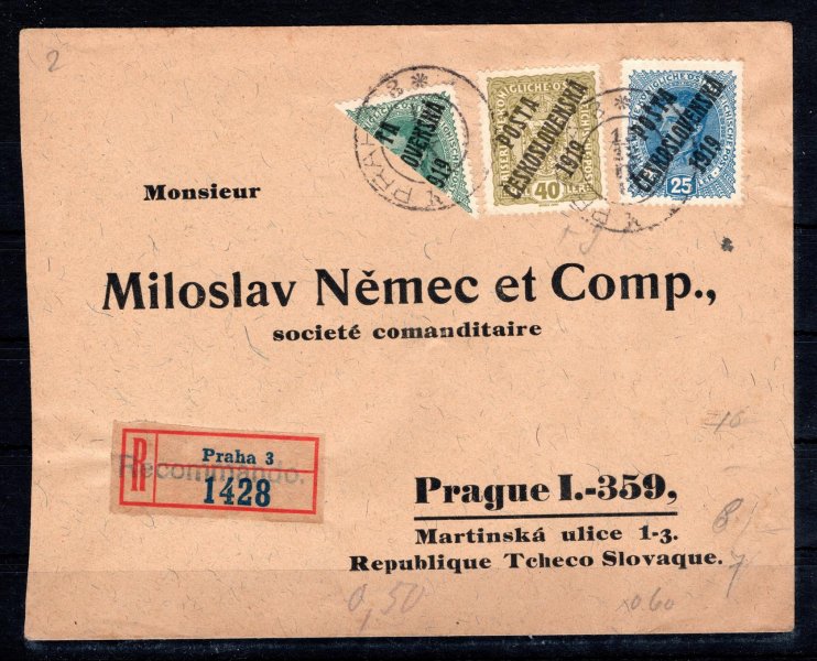 R,Ex dopis vyfrankovaný pestrou frankaturou emise PČ 1919  včetně půlené známky